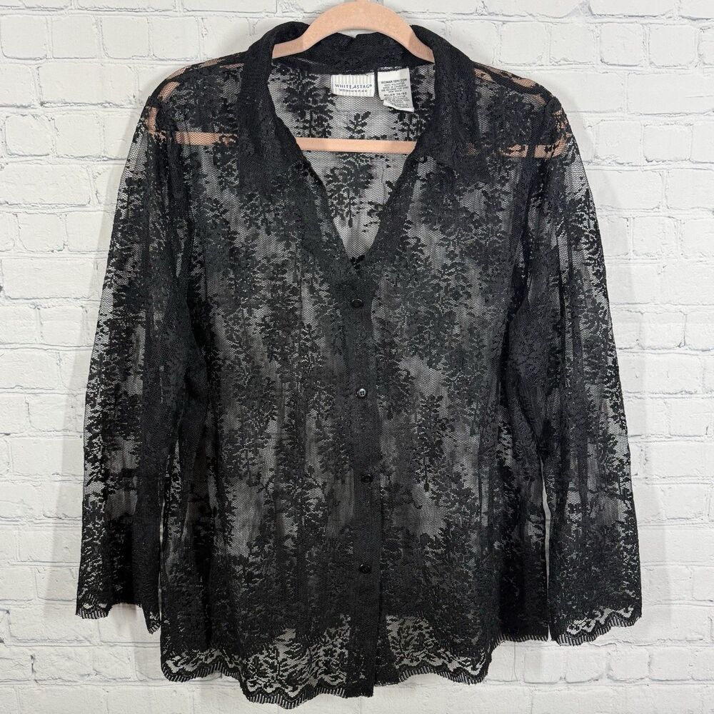 Vintage Whitestag  Shirt Women Plus 18W Black Sheer Collard Punk Whimsical Top